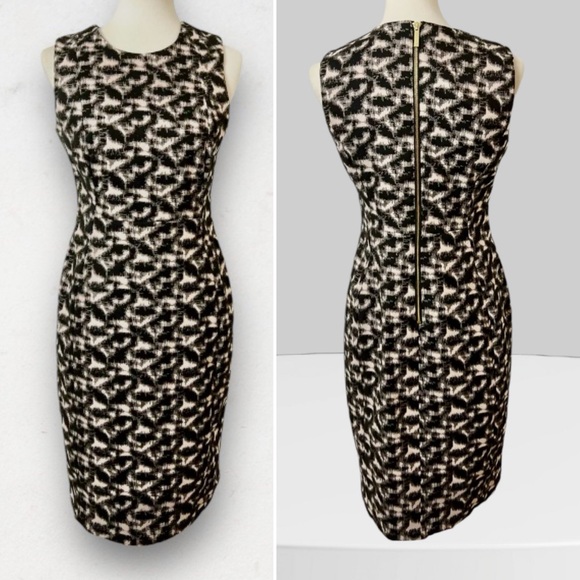 CALVIN KLEIN SHEATH DRESS. BLACK & WHITE GEOMETRIC PATTERN TEXTURED SLIMMING. - Picture 13 of 14